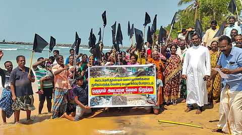 Fishermen in Kootapuli village went on one-day strike and staged a protest along with their family members demanding the expeditious completion of the Rs 48.5-crore groyne and fish landing centre to mitigate sea erosion and safeguard their dwellings. 