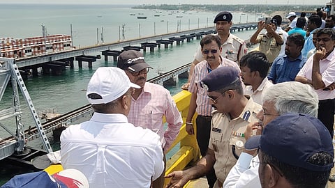  AGM of Southern railways Kaushal Kishore inspected the preparation for the opening of the new Pamban railway sea bridge in Ramanathapuram on Tuesday.