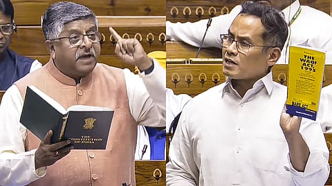 BJP MP Ravi Shankar Prasad (L) and Congress MP Gaurav Gogoi speak in the Lok Sabha during the Budget session of Parliament, in New Delhi, Wednesday, April 2, 2025.