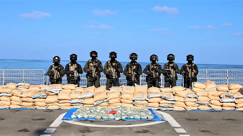 The specialist boarding team, along with Marine Commandos, seized 2,500 kgs of narcotic substances (including 2386 kgs of hashish and 121 kgs of heroin).  