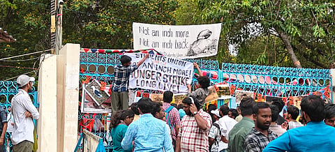 The protest over the land dispute at Kancha Gachibowli intensified on Thursday as students of the University of Hyderabad launched a hunger strike.  