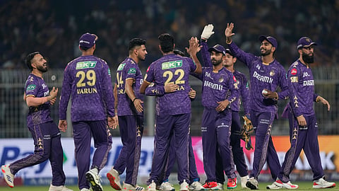 Kolkata Knight Riders' players celebrates the dismissal of Sunrisers Hyderabad's Abhishek Sharma during the Indian Premier League cricket match between Kolkata Knight Riders and Sunrisers Hyderabad at Eden Gardens in Kolkata, India, Thursday, April 3, 2025.
