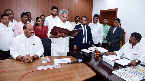 Alapati Rajendra Prasad takes oath as MLC on Wednesday. 