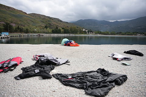 Lifejackets lie at Petra port, after the capsizing of a boat carrying migrants, off the coast on the northeastern Aegean Sea island of Lesbos, Greece, Thursday, April 3, 2025.
