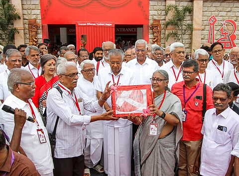 Kerala Chief Minister and CPI-M leader Pinarayi Vijayan, party's interim coordinator Prakash Karat, CPI-M politburo member Biman Bose, CPI General Secretary D. Raja and other leaders during the 24th party congress of CPI-M, in Madurai, Tamil Nadu, Wednesday, April 2, 2025.