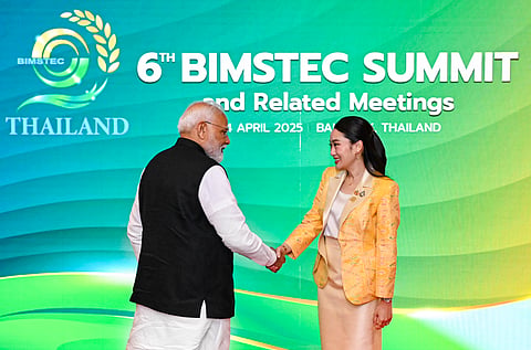 Prime Minister Narendra Modi being welcomed by Thailand Prime Minister Paetongtarn Shinawatra at the 6th BIMSTEC Summit in Bangkok (Photo | PTI)