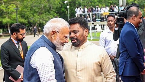 In this image released by @narendramodi via X on Saturday, April 5, 2025, Prime Minister Narendra Modi being greeted by Sri Lankan President Anura Kumara Dissanayake during the former's ceremonial welcome at the Independence Square, in Colombo, Sri Lanka. 