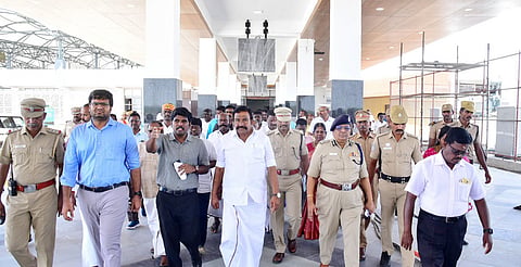 Minister KN Nehru inspecting the Panjappur bus terminus on Saturday 