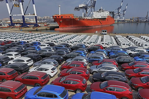 Aerial view of a ro-ro terminal for vehicle shipment in Yantai in eastern China’s Shandong province, Thursday, April 3, 2025. 
