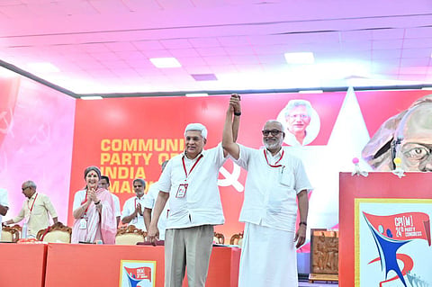 Newly elected general secretary, MA Baby, with veteran leader Prakash Karat at the 24th party congress of CPIM. 