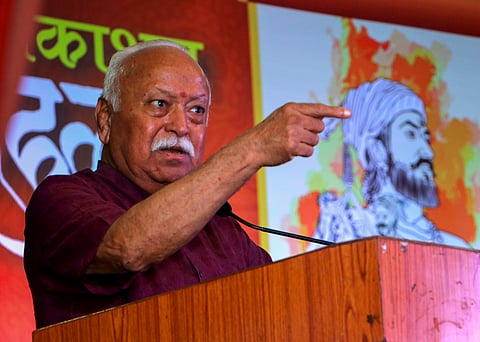 RSS chief Mohan Bhagwat addresses a gathering during the release of a book written by late Sumant Datta Tekade, in Nagpur, Maharashtra, Wednesday, April 2, 2025. 