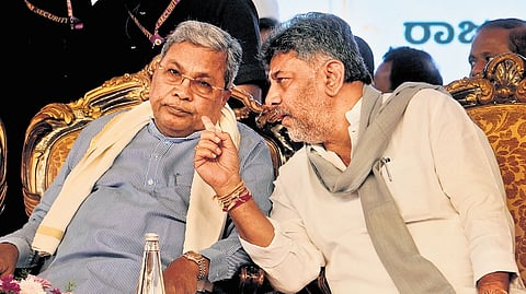 Chief Minister Siddaramaiah and Deputy Chief Minister DK Shivakumar at an event in Bengaluru on Monday.
