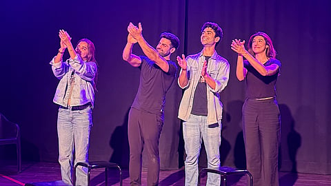 Prajakta Koli, Abhinav Sharma, Taaruk Raina, and Garima Yajnik on stage

