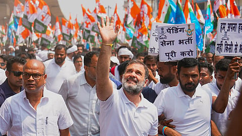 Congress leader Rahul Gandhi participating in the Palayan Roko, Naukri Do padayatra at Bihar's Begusarai district.