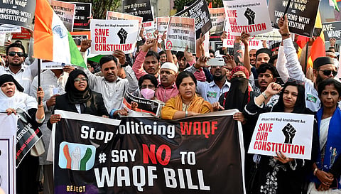 In this image from April 7, 2025, people protest against the newly passed Waqf (Amendment) Act in Bengaluru, Karnataka. 