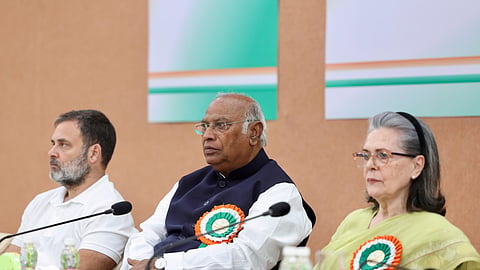 Congress president Mallikarjun Kharge, former party chiefs Sonia Gandhi and Rahul Gandhi