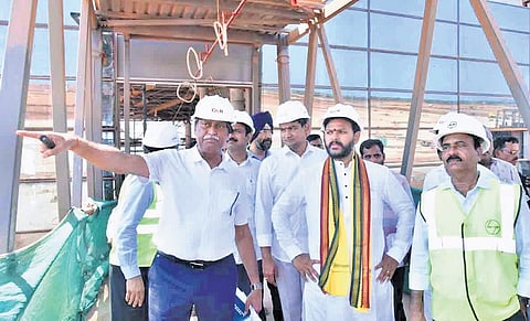 Union Minister for Civil Aviation Kinjarapu Ram Mohan Naidu inspects Bhogapuram Greenfield Airport works on Tuesday.