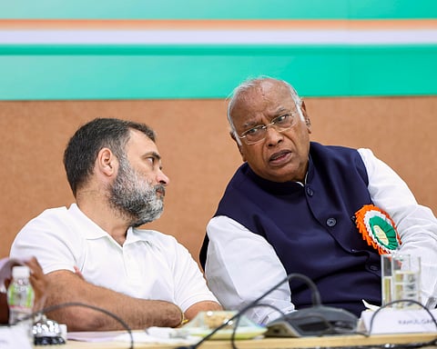 In this image via AICC on April 8, 2025, Congress President Mallikarjun Kharge and LoP in Lok Sabha Rahul Gandhi during the extended Congress Working Committee (CWC) meeting, at Sardar Vallabhbhai Patel Memorial, in Ahmedabad. 