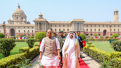 Defence Minister Rajnath Singh held a meeting with the Crown Prince of Dubai and Deputy Prime Minister & Minister of Defence of UAE Sheikh Hamdan bin Mohammed bin Rashid Al Maktoum in New Delhi on April 8, 2025. 