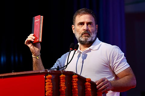 Leader of Opposition in Lok Sabha Rahul Gandhi addressing Congress's Samvidhan Suraksha Sammelan in Patna, Bihar, on April 7, 2025. 