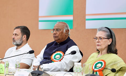 In this image via AICC on April 8, 2025, Congress President Mallikarjun Kharge, Congress Parliamentary Party chairperson Sonia Gandhi and LoP in Lok Sabha Rahul Gandhi during the extended Congress Working Committee (CWC) meeting, at Sardar Vallabhbhai Patel Memorial, in Ahmedabad.