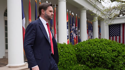 US Vice President JD Vance arrives before President Donald Trump speaks during an event to announce new tariffs in the Rose Garden of the White House, Wednesday, April 2, 2025, in Washington. 