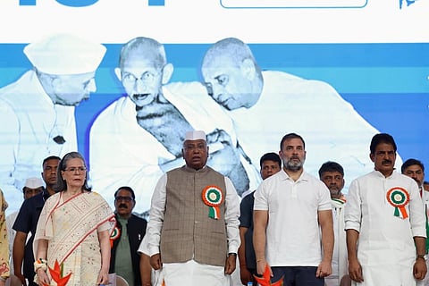 Congress leaders Sonia Gandhi, Mallikarjun Kharge, Rahul Gandhi and KC Venugopal during the AICC session in Ahmedabad. 
