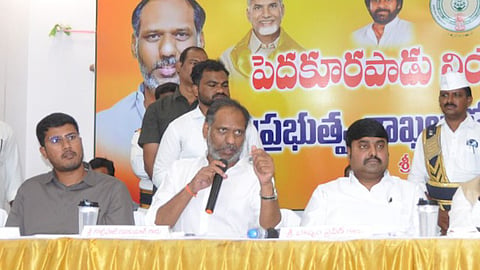 Minister Gottipati Ravikumar addressing a high-level constituency review meeting held in Amaravati on Tuesday. 