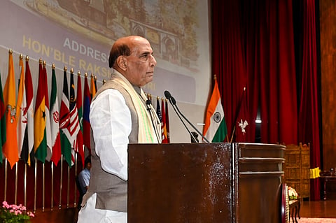 In this image released by @HQ_IDS_India via X on April 10, 2025, Defence Minister Rajnath Singh addresses a gathering during convocation ceremony of 80th Staff Course at Defence Services Staff College, at Wellington in Nilgiris district of Tamil Nadu. 