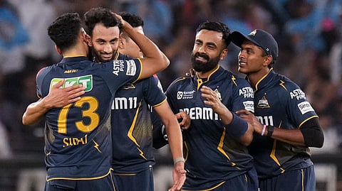 Ahmedabad: Gujarat Titans' Prasidh Krishna celebrates with teammates after taking the wicket of Rajasthan Royals Shimron Hetmyer during an Indian Premier League (IPL) 2025 T20 cricket match between Gujarat Titans and Rajasthan Royals, at the Narendra Modi Stadium, in Ahmedabad, Wednesday, April 9, 2025.