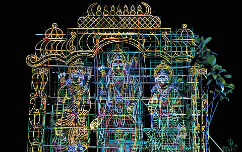 The illuminated Sri Kondandarama Swamy temple at Vontimitta for Sitarama Kalyanam.