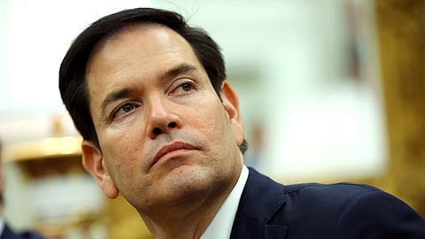 U.S. Secretary of State Marco Rubio attends a meeting with U.S. President Donald Trump and Israeli Prime Minister Benjamin in the Oval Office of the White House on April 7, 2025 in Washington. 