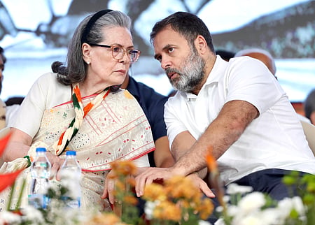 Former Congress President Sonia Gandhi with Leader of Opposition in the Lok Sabha Rahul Gandhi.