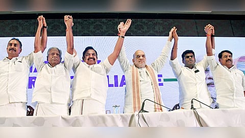 FILE | Union Home Minister Amit Shah announces alliance with AIADMK General Secretary EPS for the upcoming general elections for assembly at at press meet held in Chennai  (From Right) The incoming TN BJP President Nainar Nagendran, outgoing President K Annamalai, Deputy General secretary KP Munusamy and SP Velumani are also seen. 