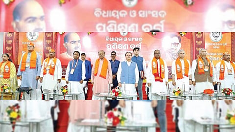 BJP president JP Nadda (centre) with CM Mohan Charan Majhi, state president Manmohan Samal, Union and state ministers at the training camp on Saturday.