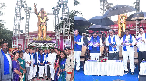 Home Minister Dr G Parameshwara at the unveiling of  Dr BR Ambedkar statue in Tumakuru on Monday.
