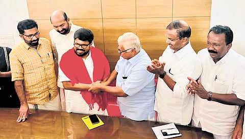 M V Jayarajan and other leaders congratulating newly-elected CPM Kannur district secretary K K Ragesh in Kannur on Tuesday