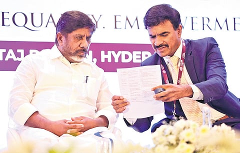 Deputy Chief Minister Mallu Bhatti Vikramarka with Hyderabad Police 
Commissioner CV Anand during the inauguration of STREE Summit 2.0 in Hyderabad on Tuesday.