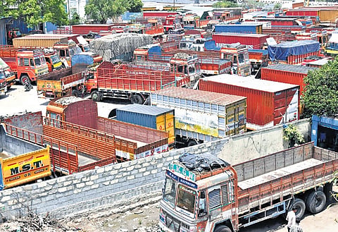 Trucks parked at the APMC Yard in Bengaluru on April 15. 