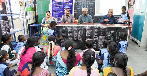 Students of the panchayat union primary school take part in Symbiotic Learning Model programme on Wednesday 
