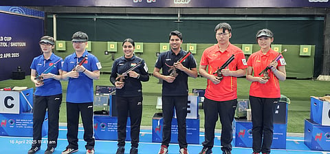 Suruchi Singh (3rd L) combined with Saurabh Chaudhary (3rd R)  to capture gold medal in the 10m air pistol mixed team event