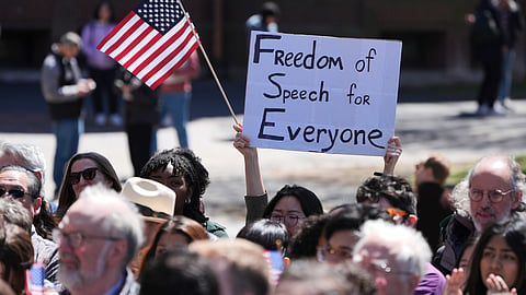 Students, faculty and members of the Harvard University community rally, Thursday, April 17, 2025, in Cambridge, Mass.