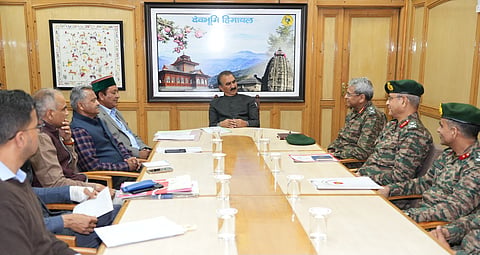 Himachal Pradesh Chief Minister Sukhvinder Singh Sukhu, during a meeting with General Officer Commanding in Chief, Central Command Lt General Anindya Sengupta in Shimla. 