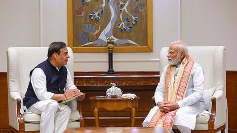 Prime Minister Narendra Modi with Assam Chief Minister Himanta Biswa Sarma during a meeting, in New Delhi on April 19, 2025. 