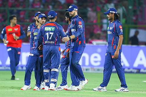 Lucknow Super Giants' players celebrate the wicket of Rajasthan Royals batter Nitish Rana during the Indian Premier League (IPL) 2025 T20 cricket match between Rajasthan Royals and Lucknow Super Giants at Sawai Mansingh Stadium in Jaipur, Saturday, April 19, 2025. 