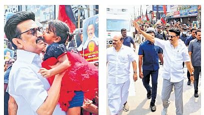 Chief Minister MK Stalin being greeted by a child upon his arrival to launch the Kalaignar Kaivinai Thittam, in Kancheepuram district, on Saturday.