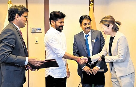 Chief Minister A Revanth Reddy, along with TOMCOM officials, meets executives of two leading firms, TERN and Raja Group, during his visit to Japan on Saturday