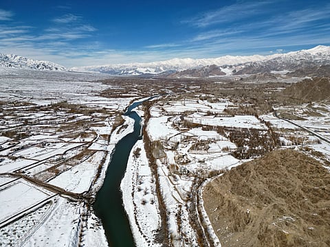In this photo from Feb. 25, 2025, an aerial view of the Indus River amid the snow-capped area of Ladakh.