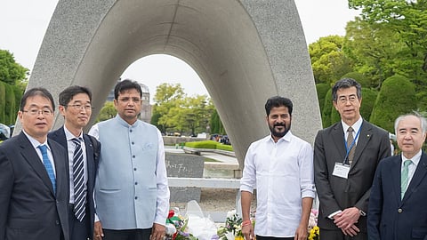 Revanth Reddy pays tributes at the Hiroshima Peace Memorial Park, honoring the victims of the atomic bombing during World War II. 
