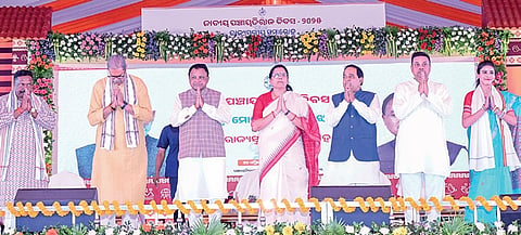 CM Mohan Majhi, dy CMs KV Singh Deo and Pravati Parida along with ministers and Puri MP Sambit Patra at the launch of the programme in Puri, on Thursday 